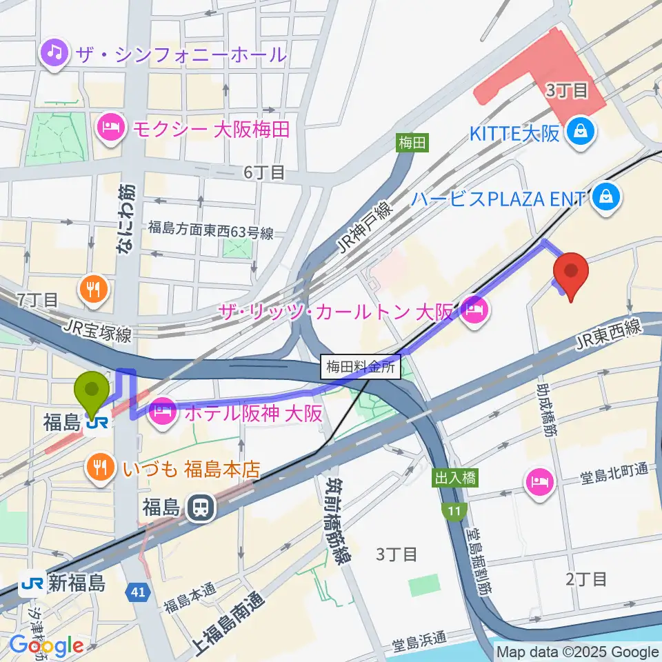 福島駅からサンケイホールブリーゼへのルートマップ地図
