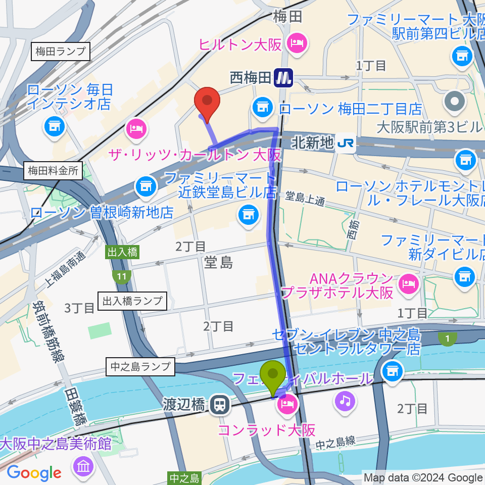 渡辺橋駅からサンケイホールブリーゼへのルートマップ地図