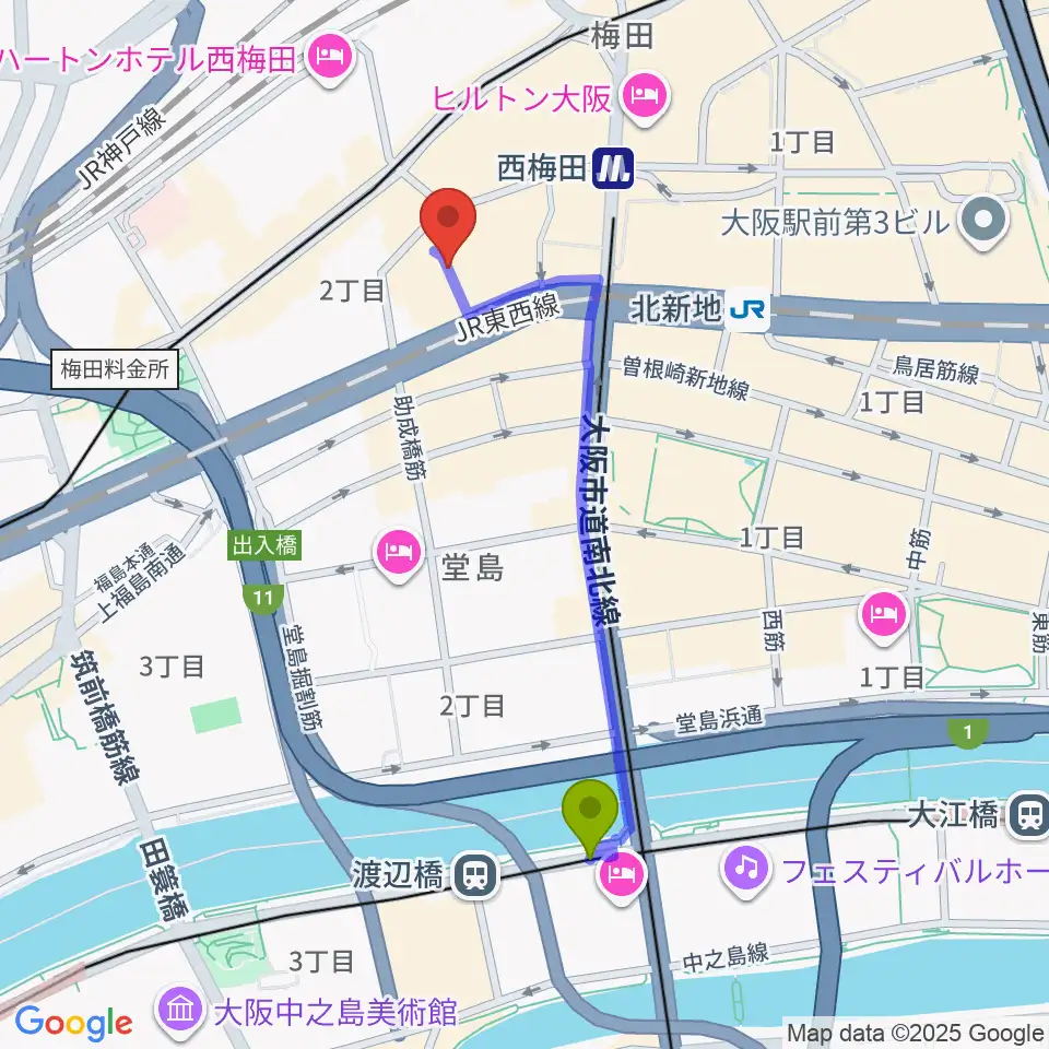 渡辺橋駅からサンケイホールブリーゼへのルートマップ地図