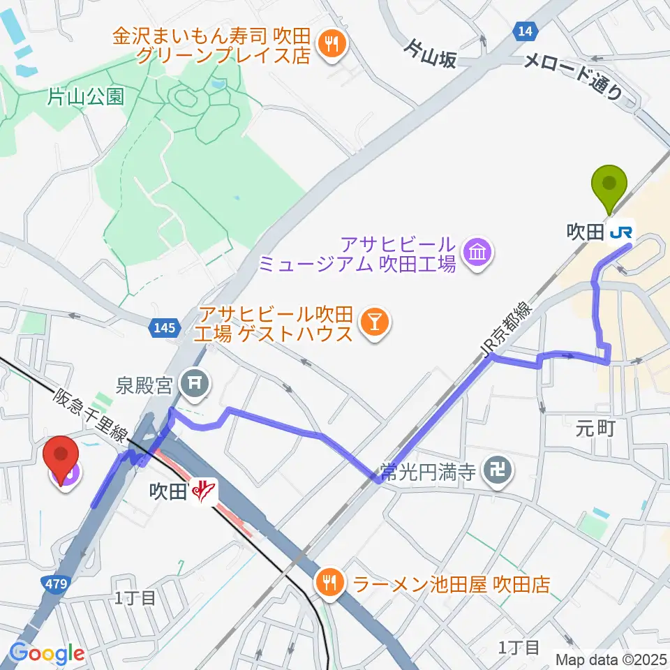 吹田駅から吹田市文化会館メイシアターへのルートマップ地図
