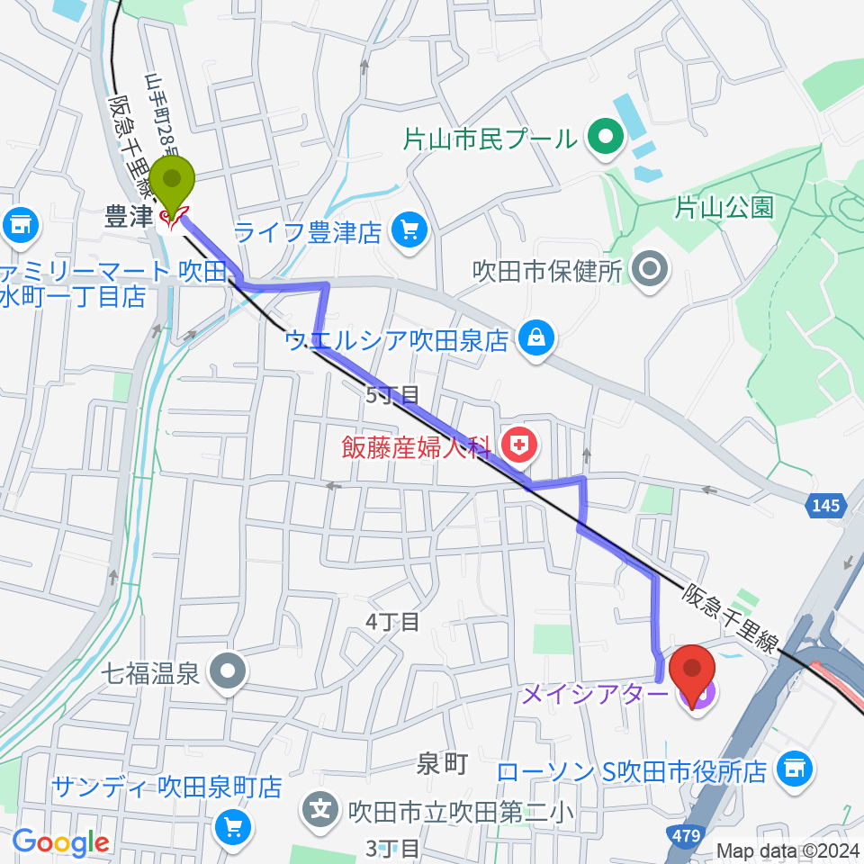 豊津駅から吹田市文化会館メイシアターへのルートマップ地図