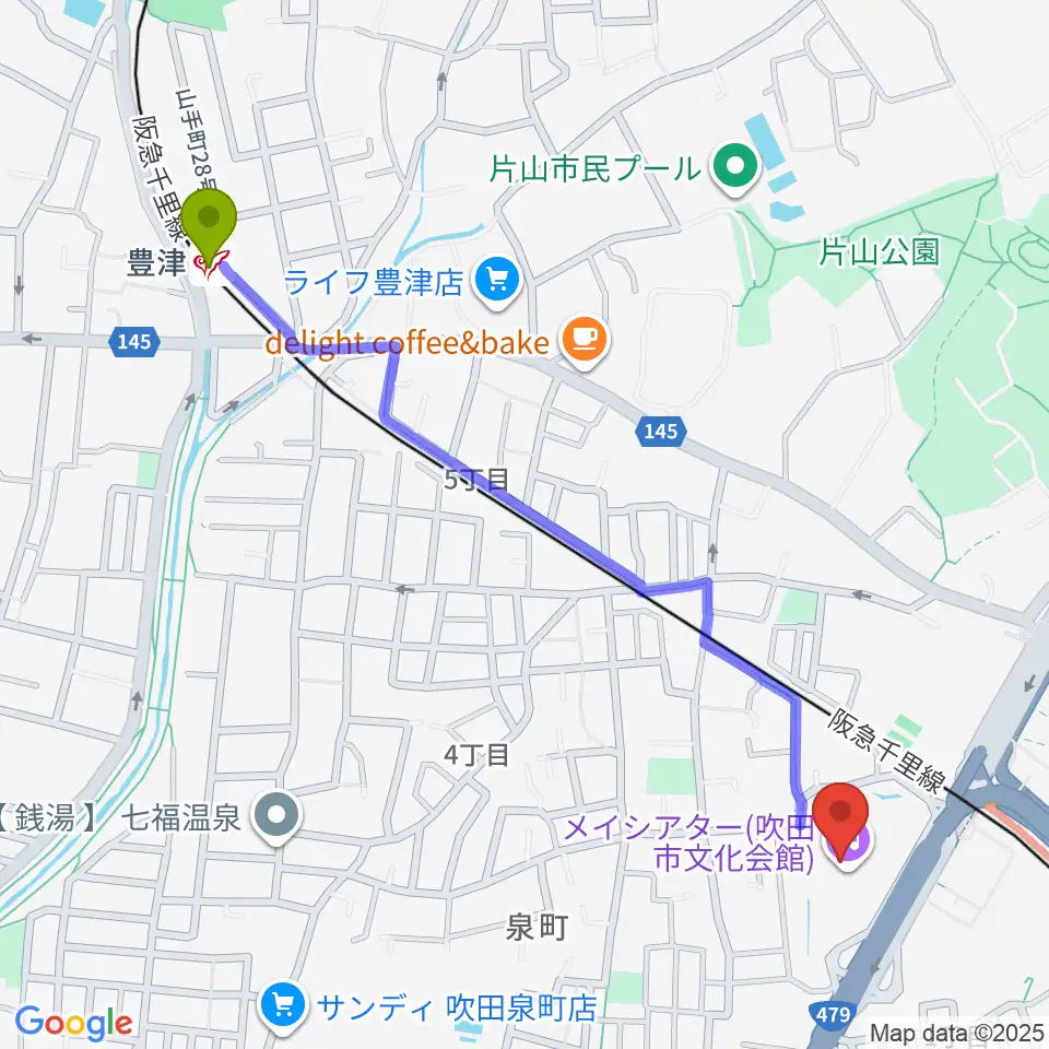 豊津駅から吹田市文化会館メイシアターへのルートマップ地図