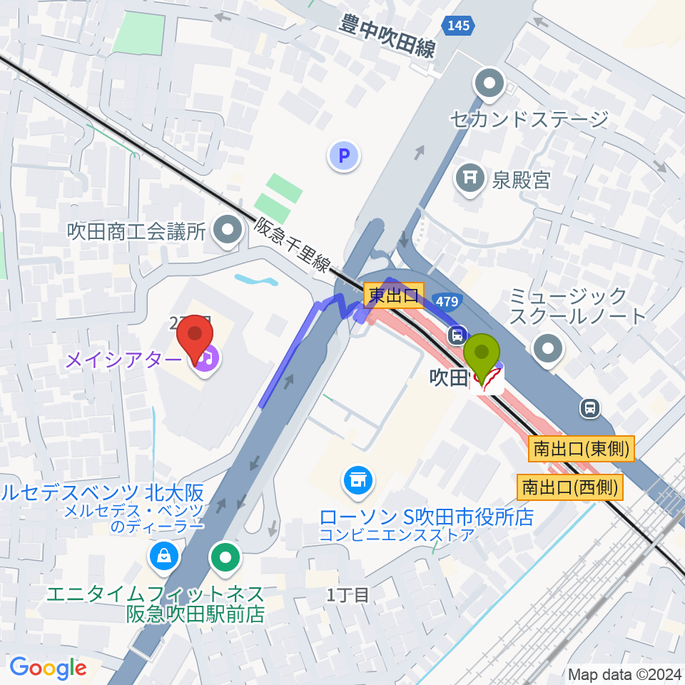 吹田市文化会館メイシアターの最寄駅吹田駅からの徒歩ルート（約3分）地図