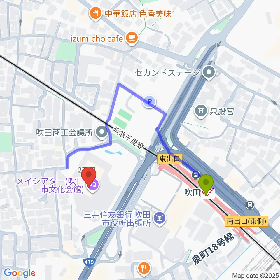 吹田市文化会館メイシアターの最寄駅吹田駅からの徒歩ルート（約3分）地図