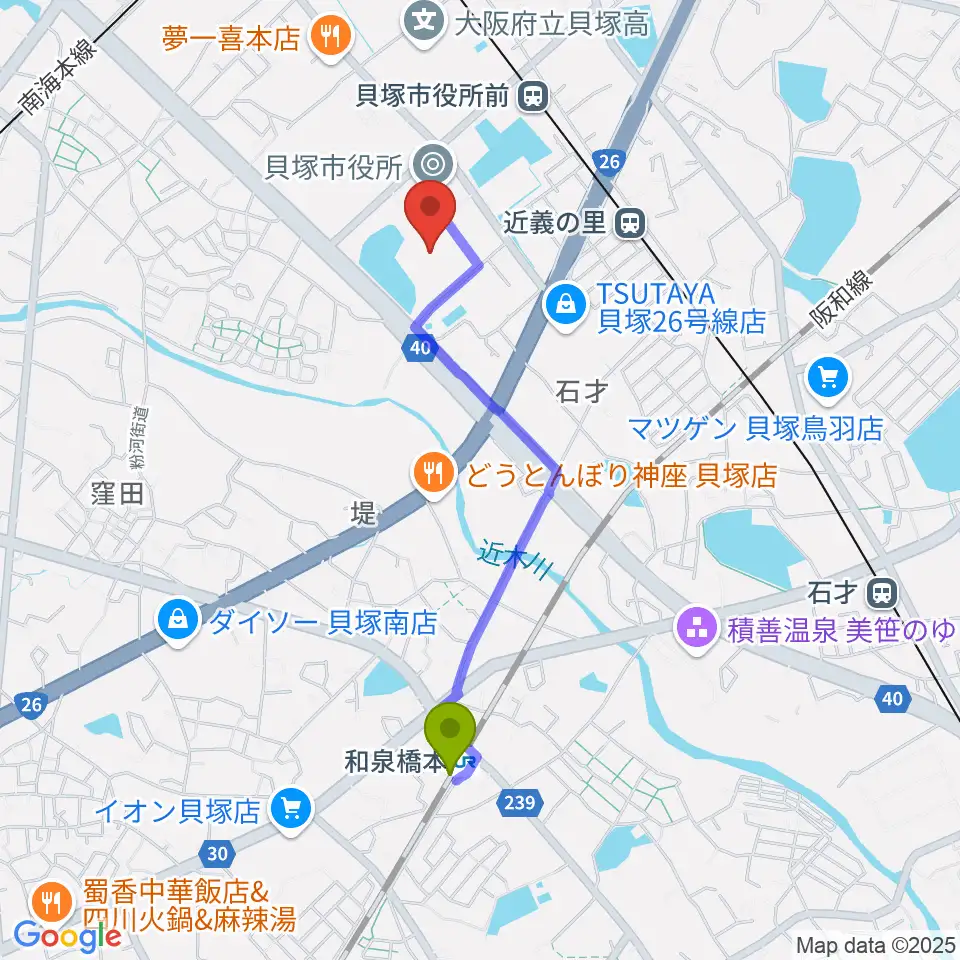 和泉橋本駅から貝塚市民文化会館コスモスシアターへのルートマップ地図