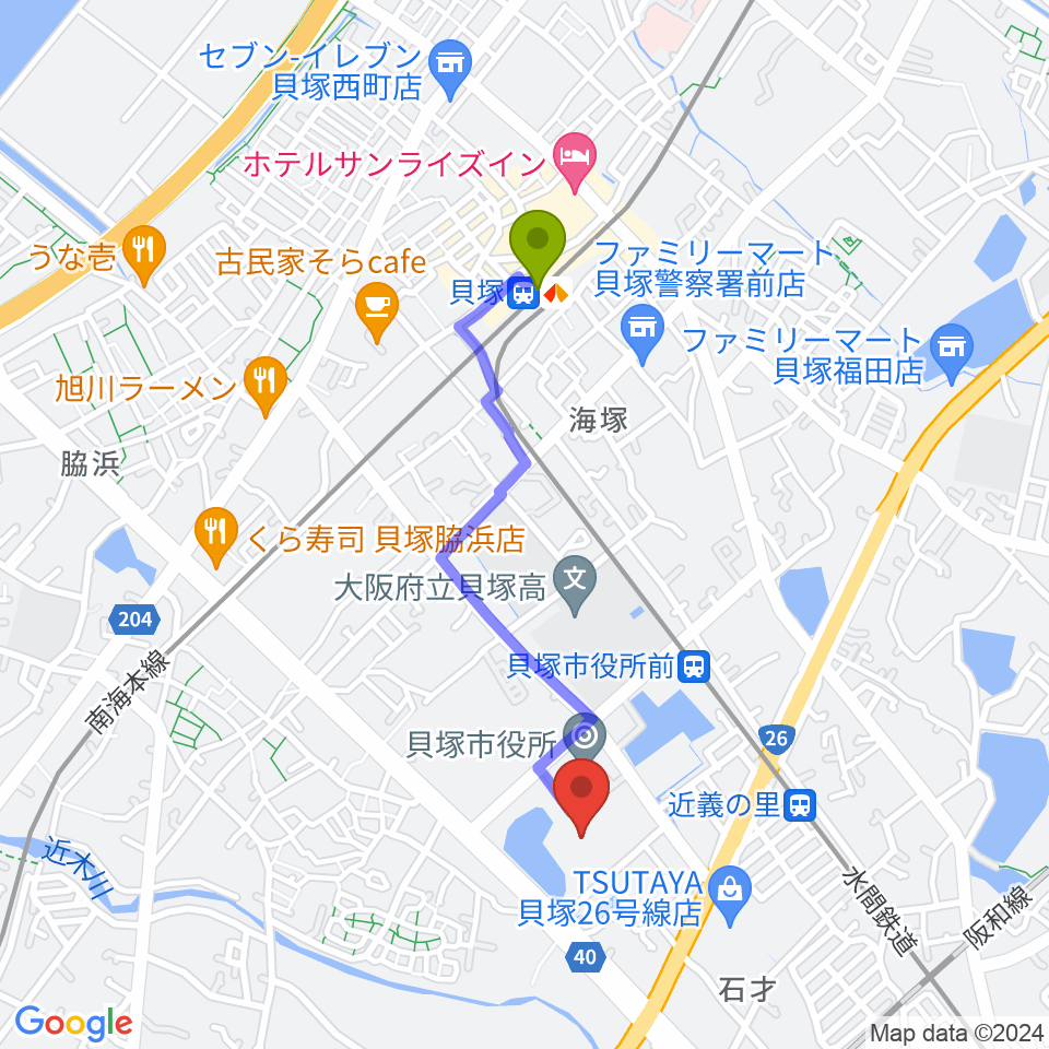 貝塚駅から貝塚市民文化会館コスモスシアターへのルートマップ地図