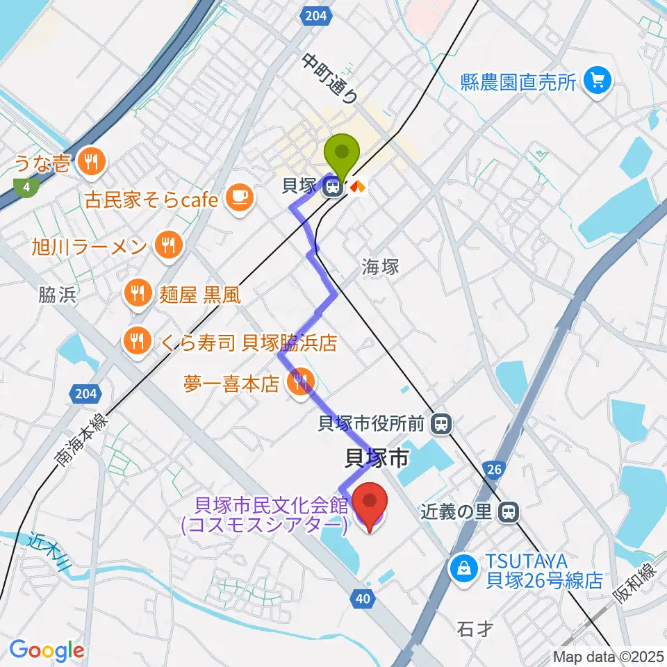 貝塚駅から貝塚市民文化会館コスモスシアターへのルートマップ地図