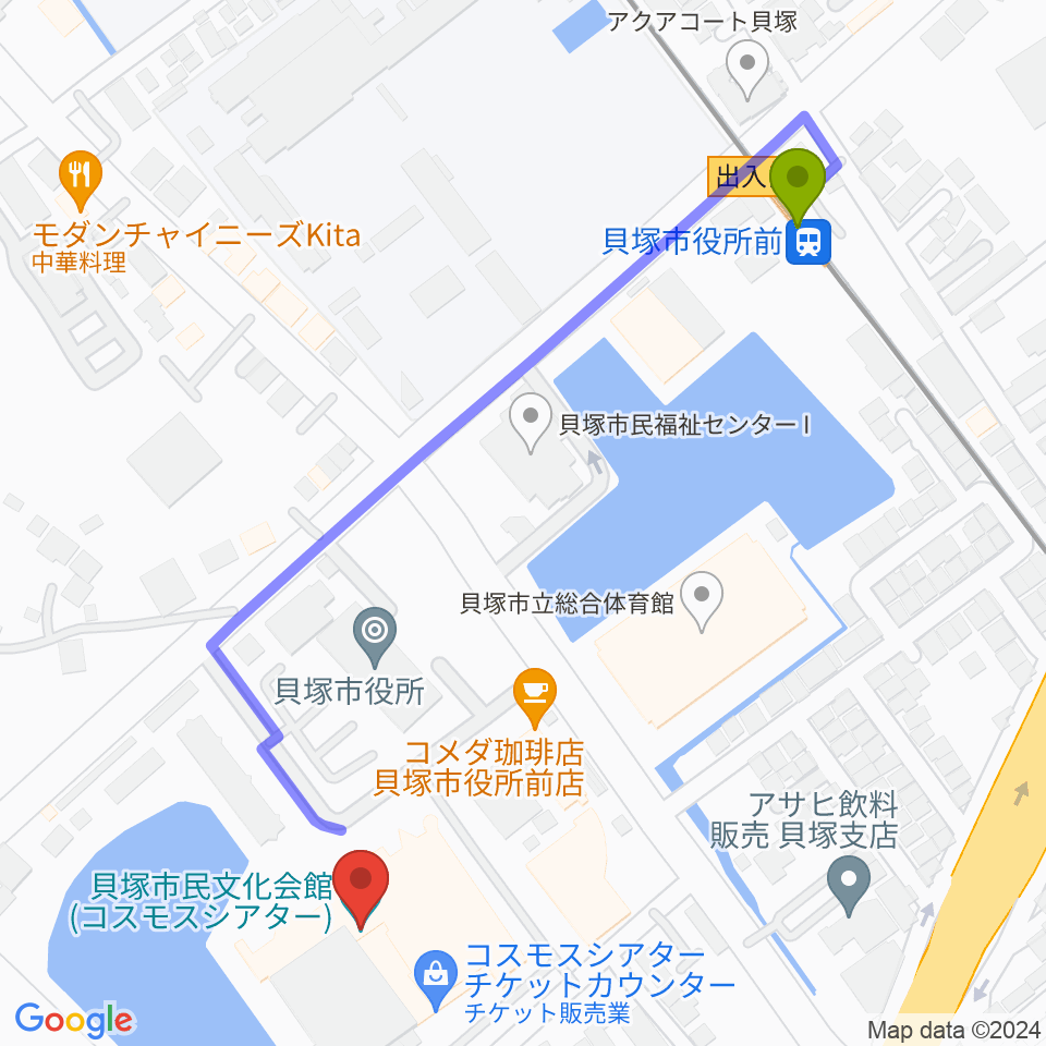 貝塚市民文化会館コスモスシアターの最寄駅貝塚市役所前駅からの徒歩ルート（約6分）地図