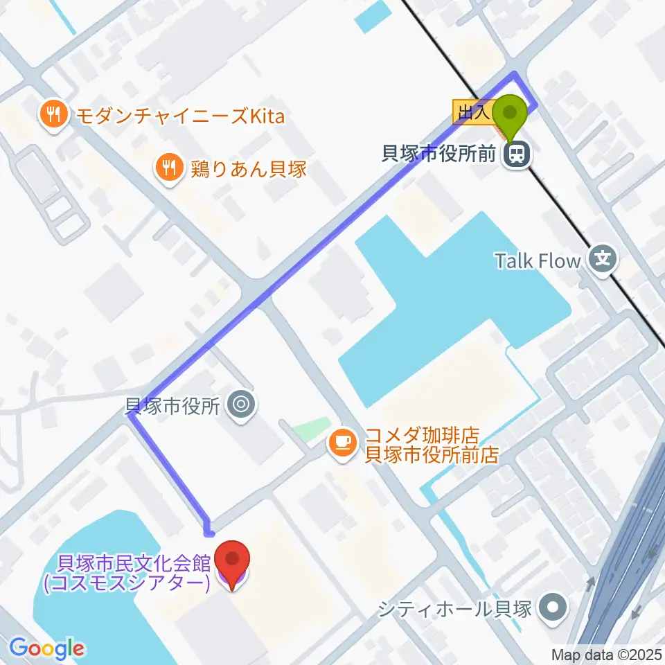 貝塚市民文化会館コスモスシアターの最寄駅貝塚市役所前駅からの徒歩ルート（約6分）地図