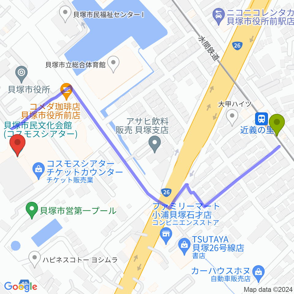 近義の里駅から貝塚市民文化会館コスモスシアターへのルートマップ地図
