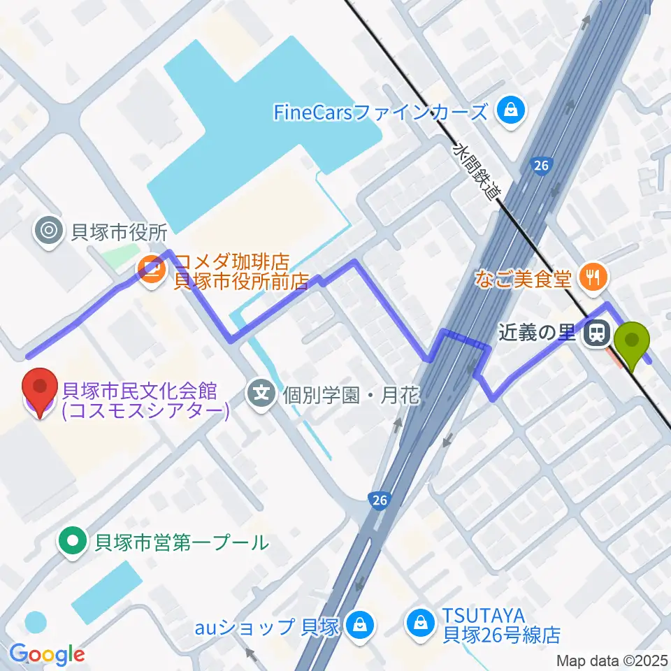 近義の里駅から貝塚市民文化会館コスモスシアターへのルートマップ地図