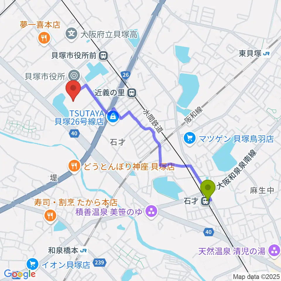 石才駅から貝塚市民文化会館コスモスシアターへのルートマップ地図