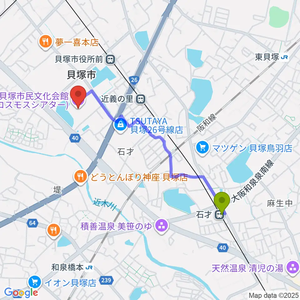 石才駅から貝塚市民文化会館コスモスシアターへのルートマップ地図
