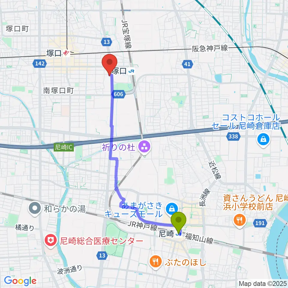 尼崎駅から尼崎ピッコロシアターへのルートマップ地図