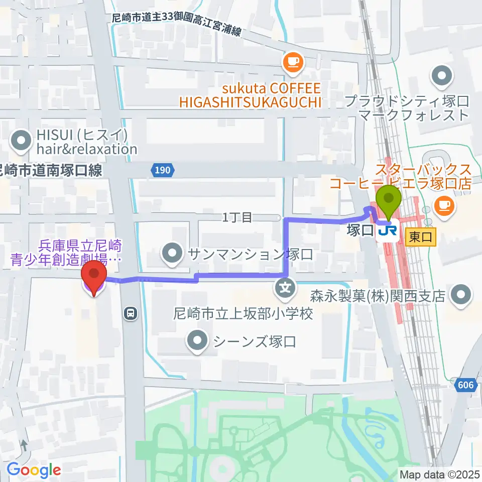 尼崎ピッコロシアターの最寄駅塚口駅からの徒歩ルート（約5分）地図