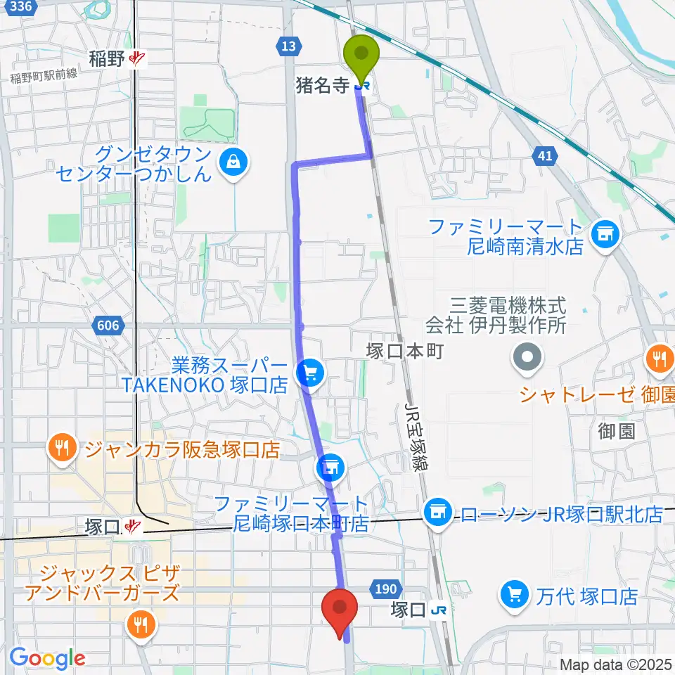 猪名寺駅から尼崎ピッコロシアターへのルートマップ地図
