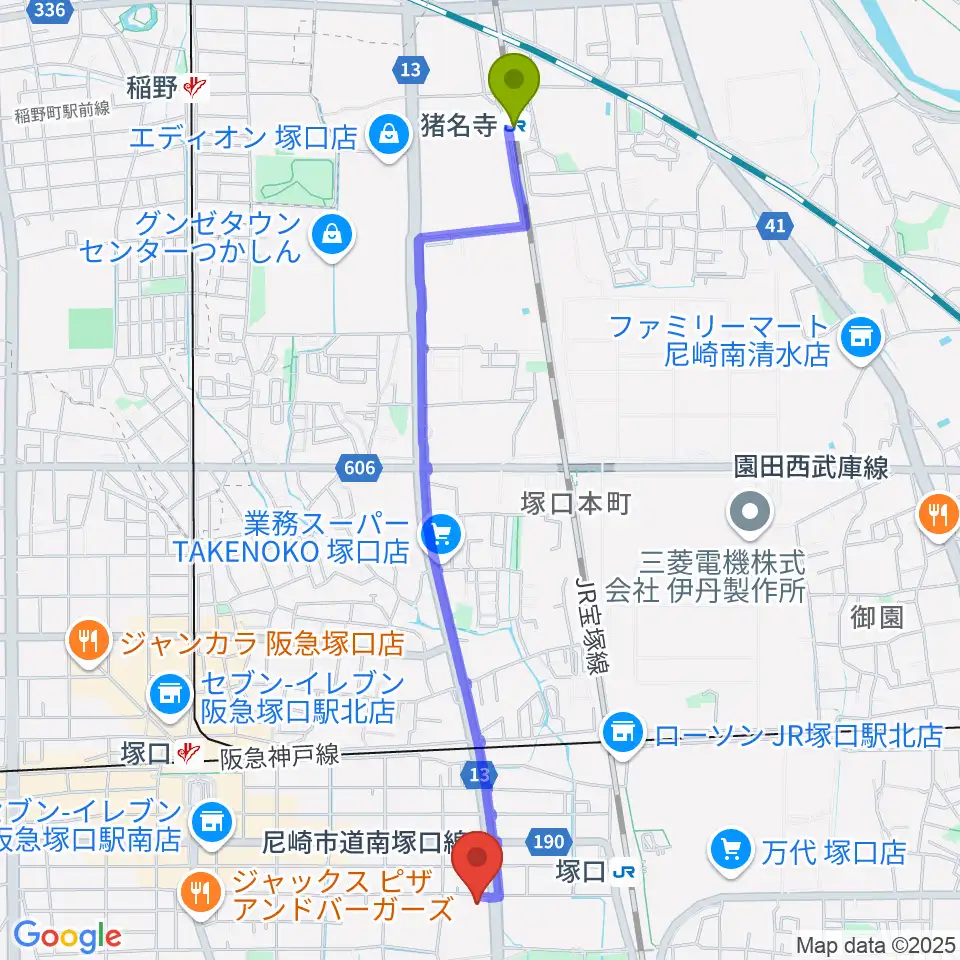 猪名寺駅から尼崎ピッコロシアターへのルートマップ地図
