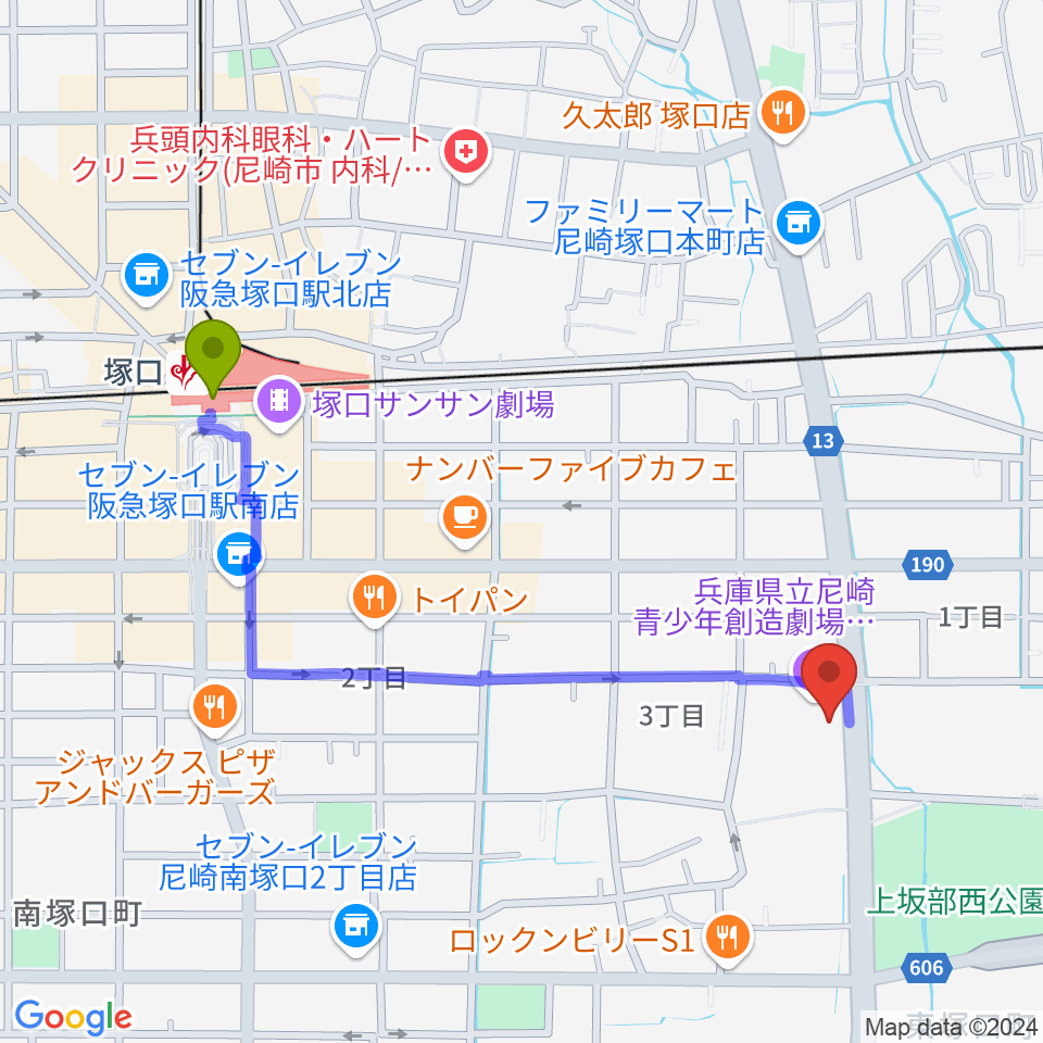 塚口駅から尼崎ピッコロシアターへのルートマップ地図