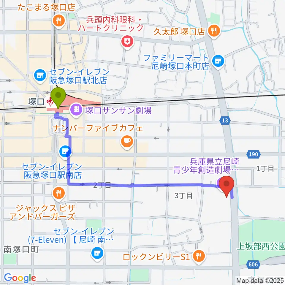 塚口駅から尼崎ピッコロシアターへのルートマップ地図