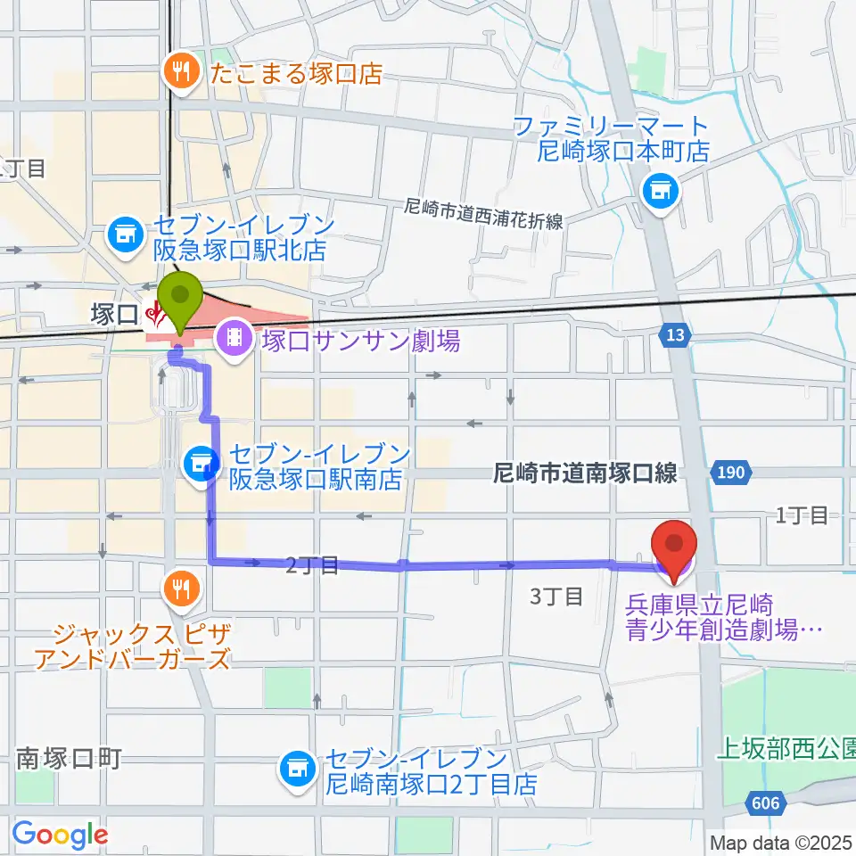 塚口駅から尼崎ピッコロシアターへのルートマップ地図
