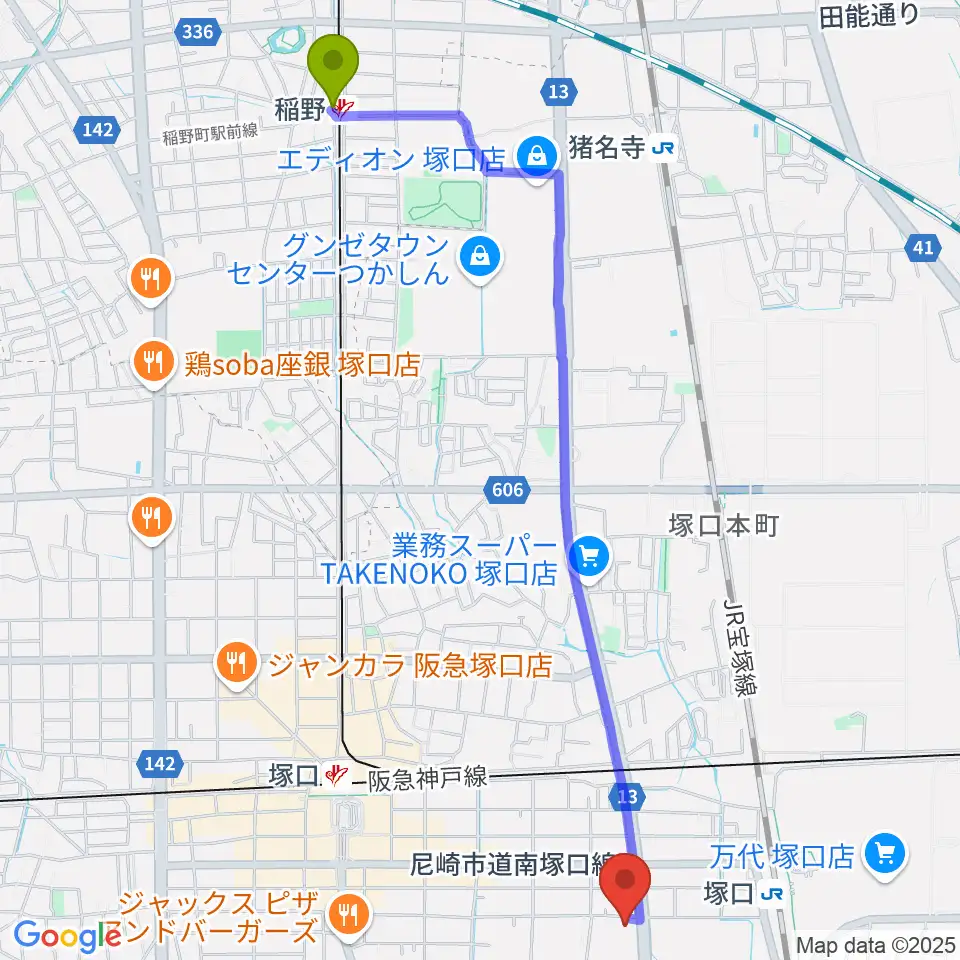稲野駅から尼崎ピッコロシアターへのルートマップ地図