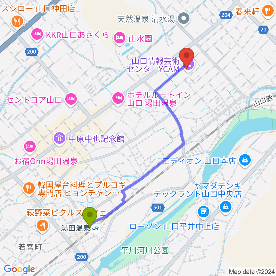 山口情報芸術センターYCAMの最寄駅湯田温泉駅からの徒歩ルート（約21分）地図