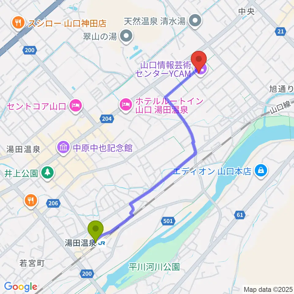 山口情報芸術センターYCAMの最寄駅湯田温泉駅からの徒歩ルート（約21分）地図