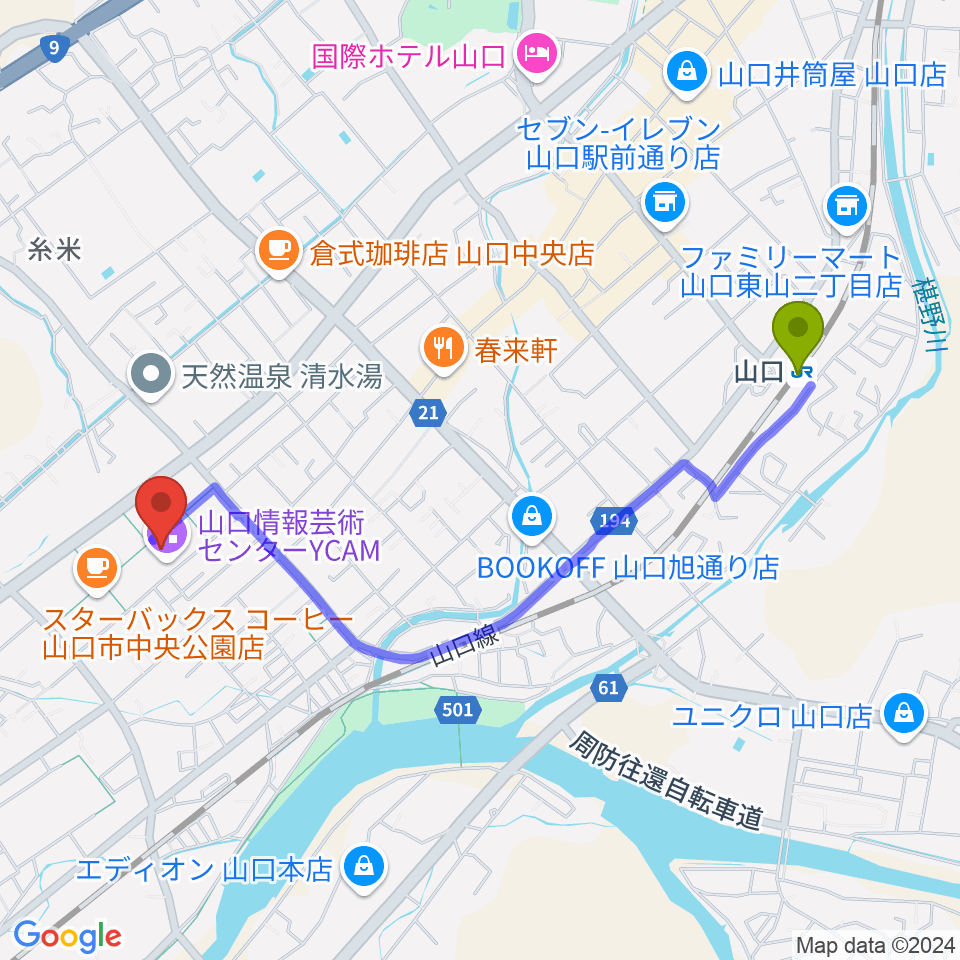 山口駅から山口情報芸術センターYCAMへのルートマップ地図