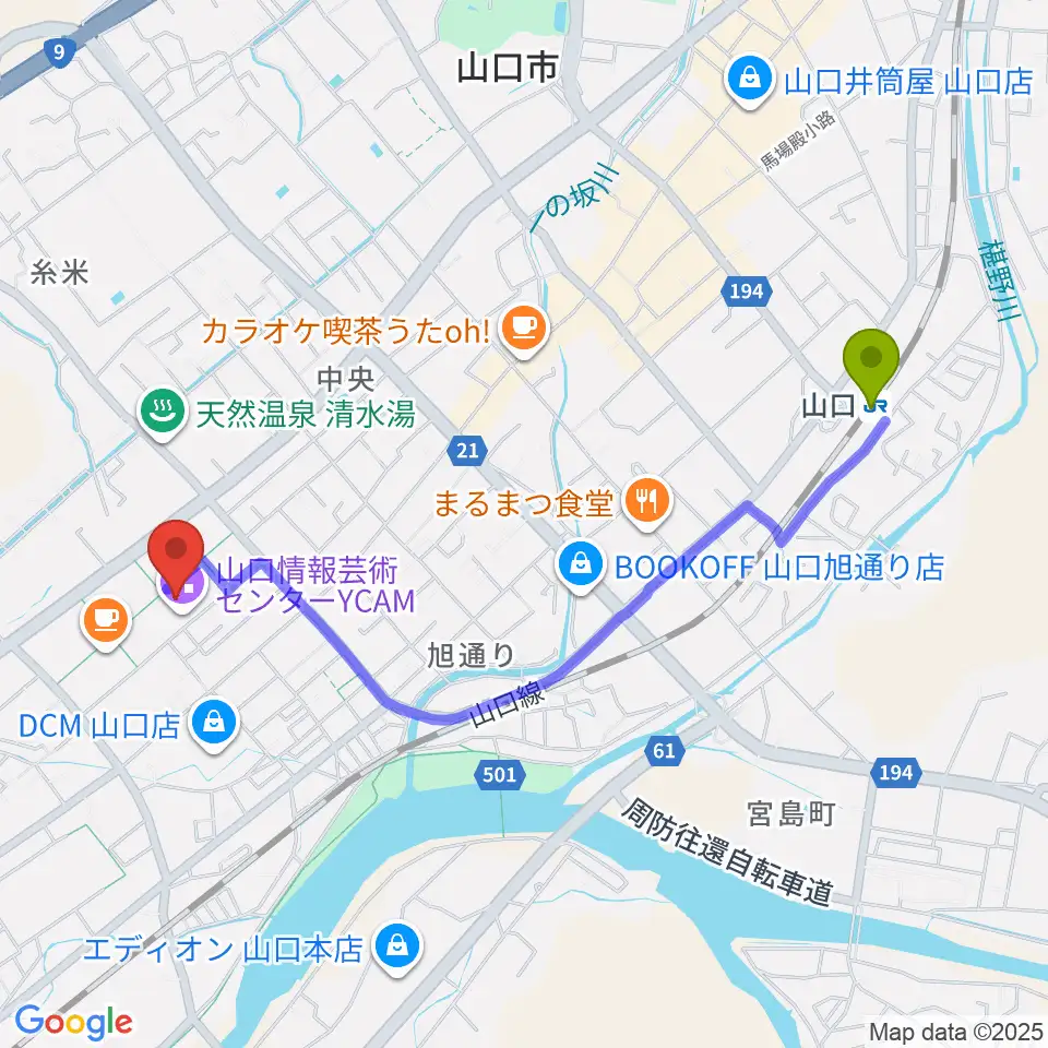 山口駅から山口情報芸術センターYCAMへのルートマップ地図