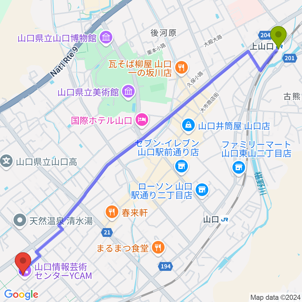 上山口駅から山口情報芸術センターYCAMへのルートマップ地図