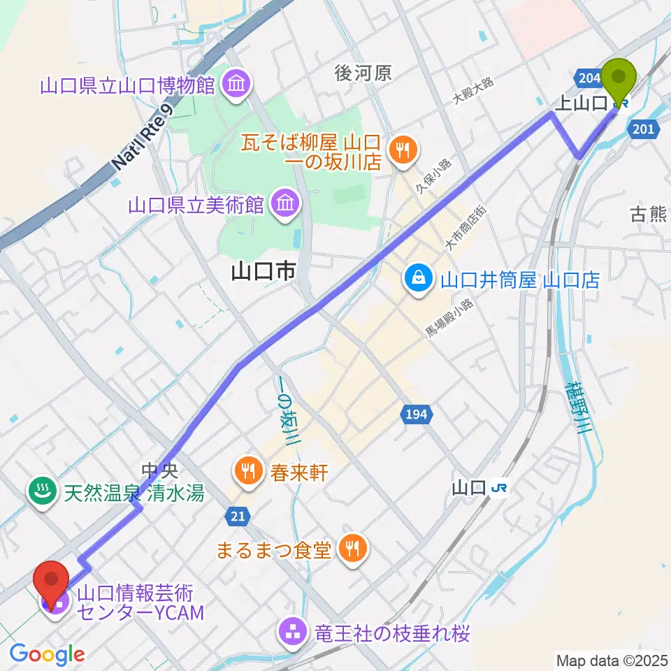 上山口駅から山口情報芸術センターYCAMへのルートマップ地図