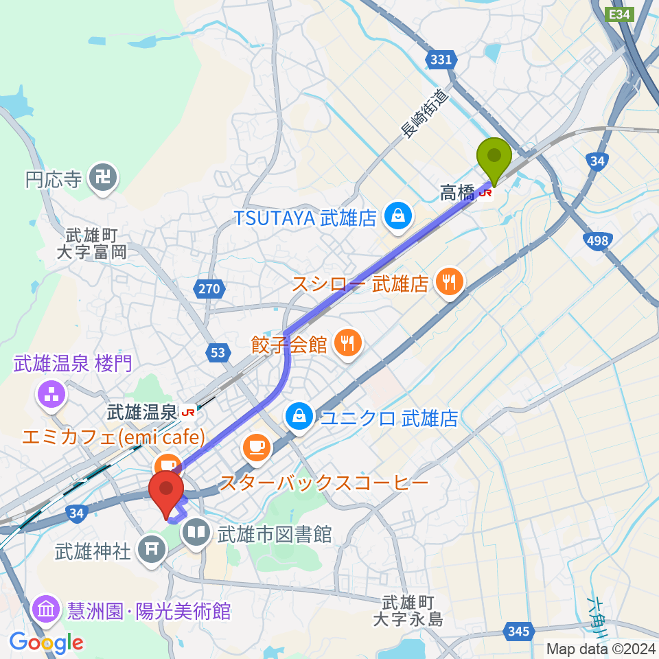 高橋駅から武雄市文化会館へのルートマップ地図