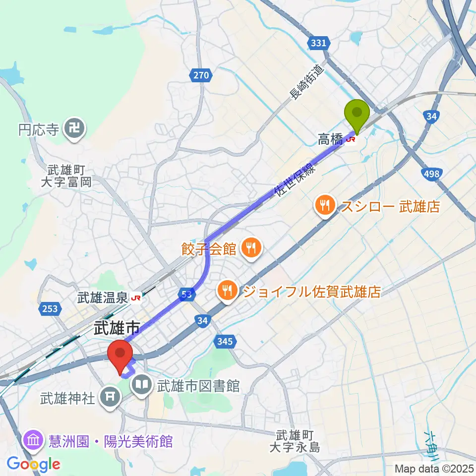 高橋駅から武雄市文化会館へのルートマップ地図