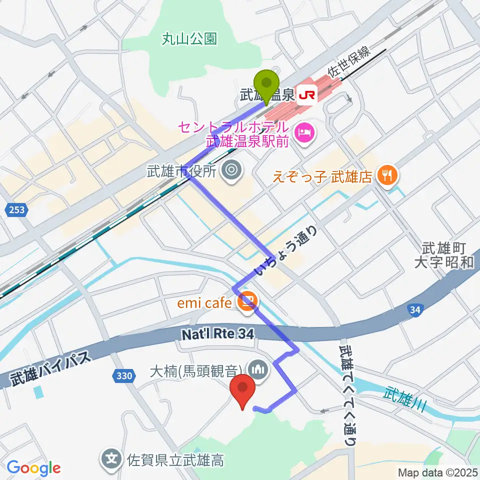 武雄市文化会館の最寄駅武雄温泉駅からの徒歩ルート（約10分）地図