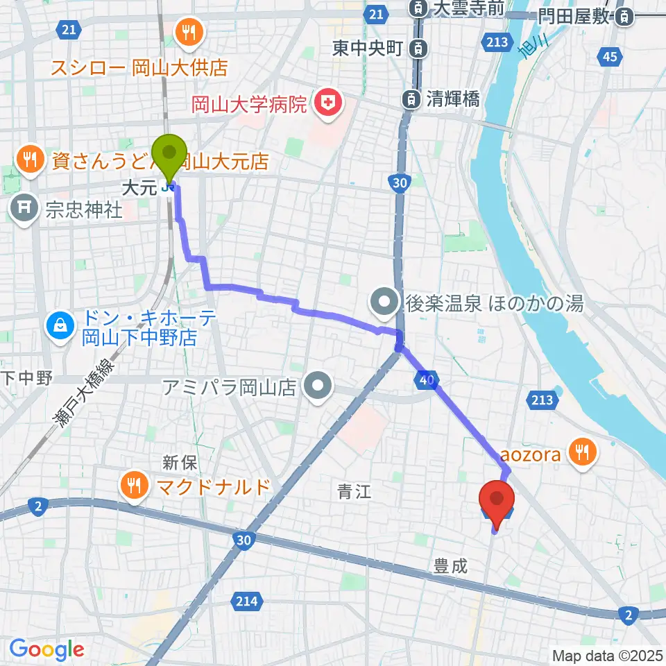 大元駅から浜松ピアノ店へのルートマップ地図