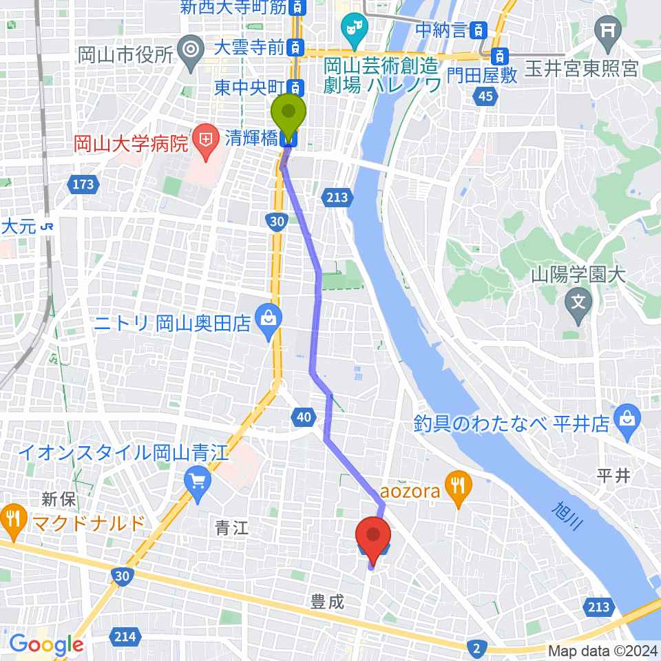 浜松ピアノ店の最寄駅清輝橋駅からの徒歩ルート（約41分）地図