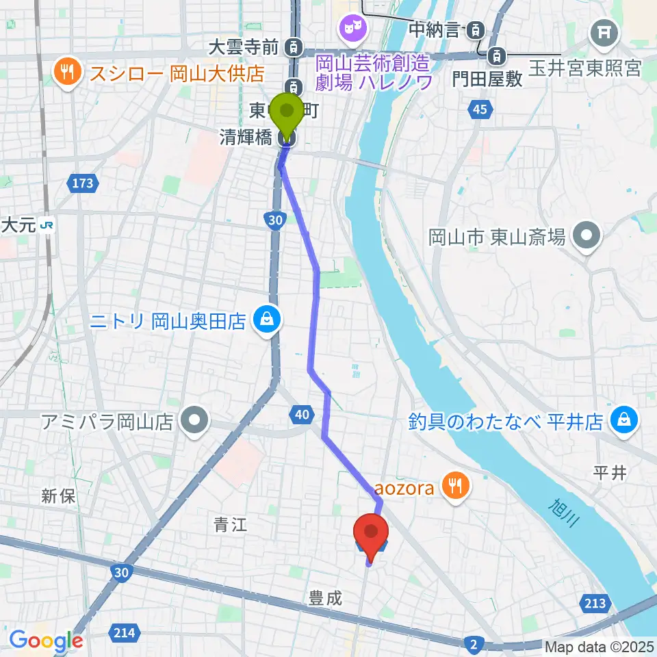 浜松ピアノ店の最寄駅清輝橋駅からの徒歩ルート（約41分）地図