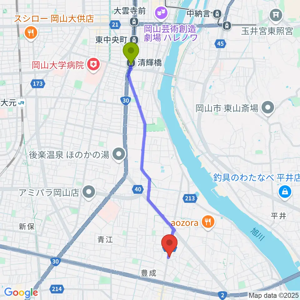 浜松ピアノ店の最寄駅清輝橋駅からの徒歩ルート（約41分）地図