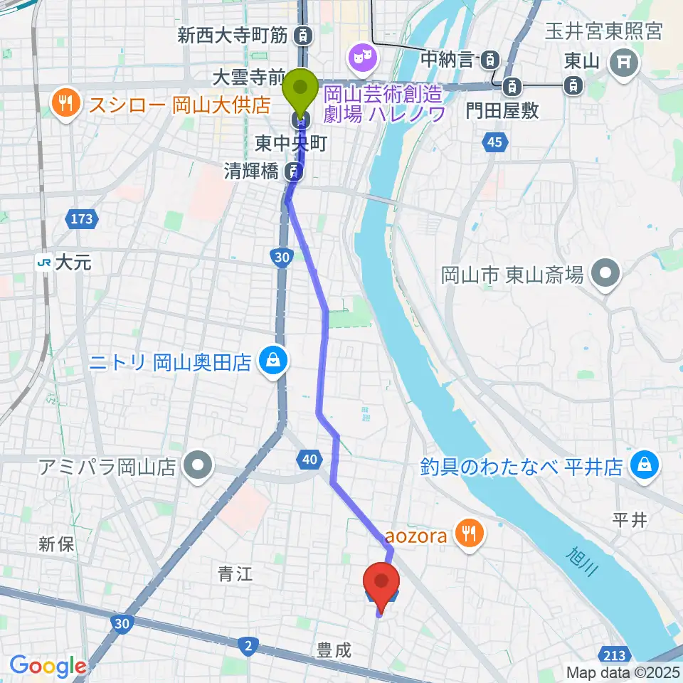 東中央町駅から浜松ピアノ店へのルートマップ地図