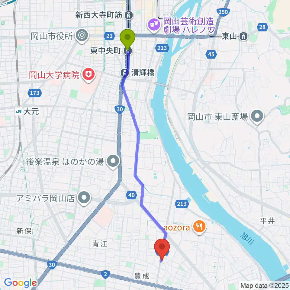 東中央町駅から浜松ピアノ店へのルートマップ地図