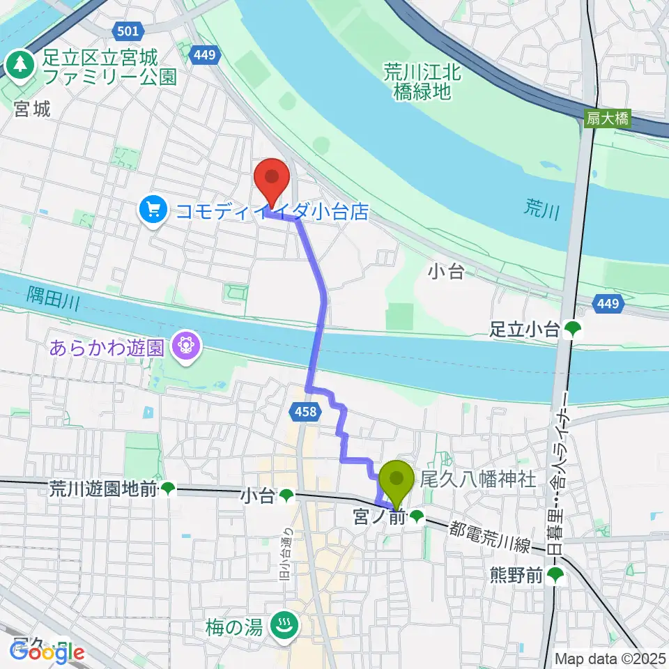 宮ノ前駅から東音楽器足立センターへのルートマップ地図