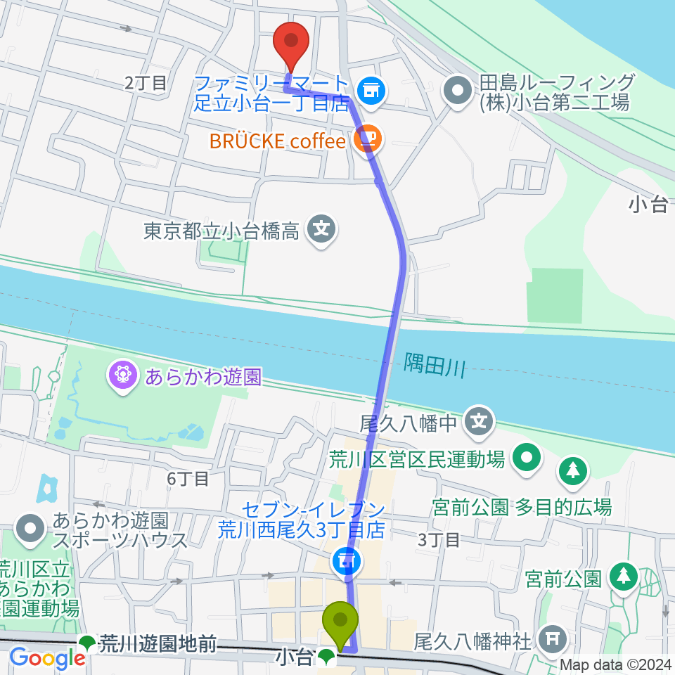 東音楽器足立センターの最寄駅小台駅からの徒歩ルート（約13分）地図