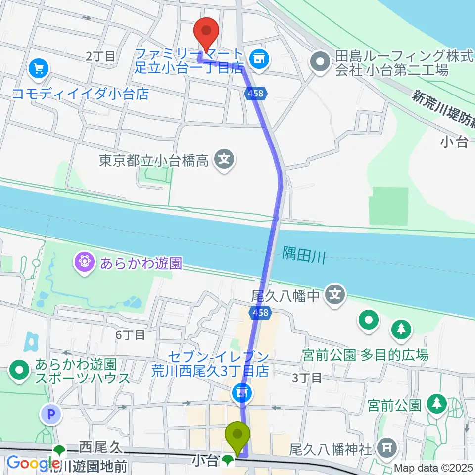 東音楽器足立センターの最寄駅小台駅からの徒歩ルート（約13分）地図
