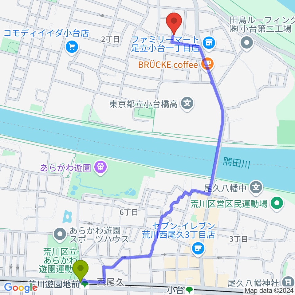 荒川遊園地前駅から東音楽器足立センターへのルートマップ地図