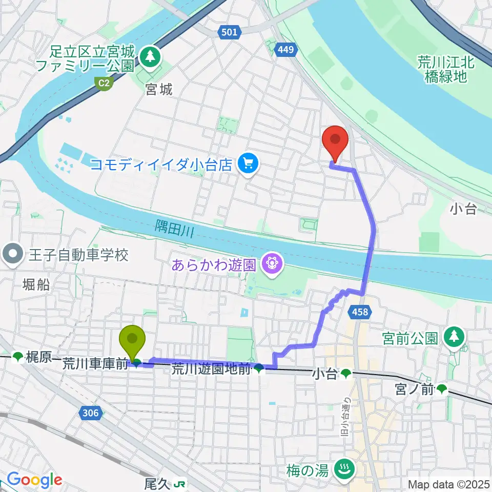 荒川車庫前駅から東音楽器足立センターへのルートマップ地図