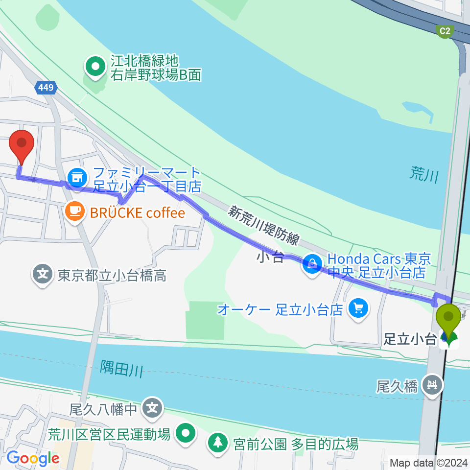 足立小台駅から東音楽器足立センターへのルートマップ地図