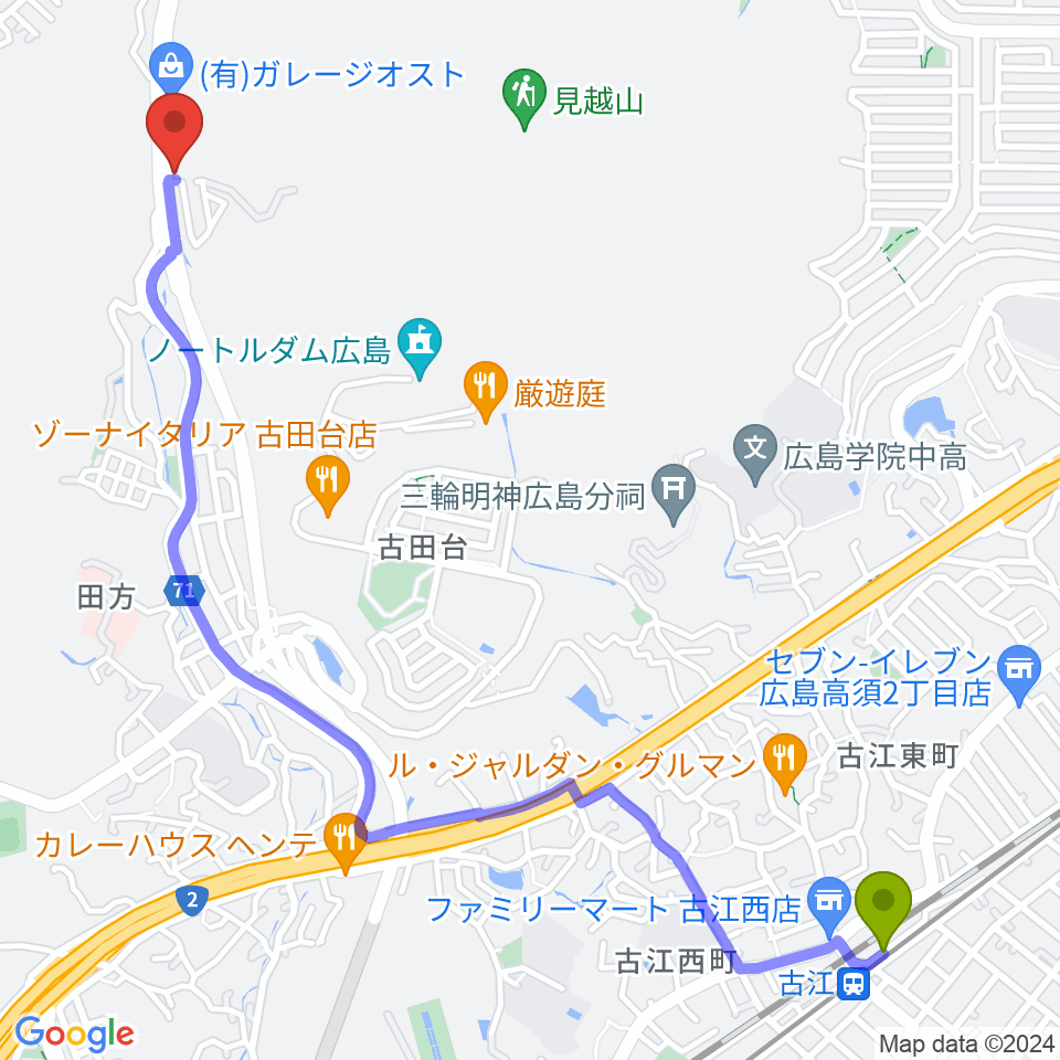 クラングぴあの教室の最寄駅古江駅からの徒歩ルート（約31分）地図