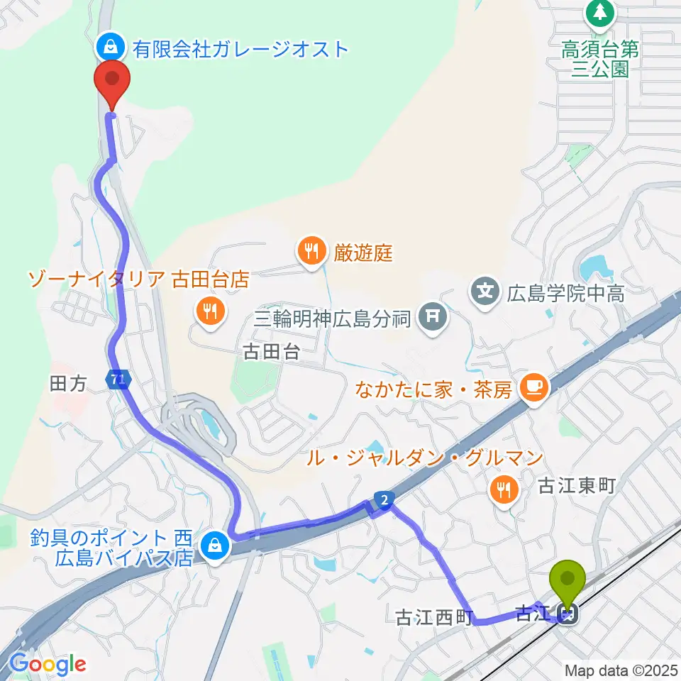 クラングぴあの教室の最寄駅古江駅からの徒歩ルート（約31分）地図