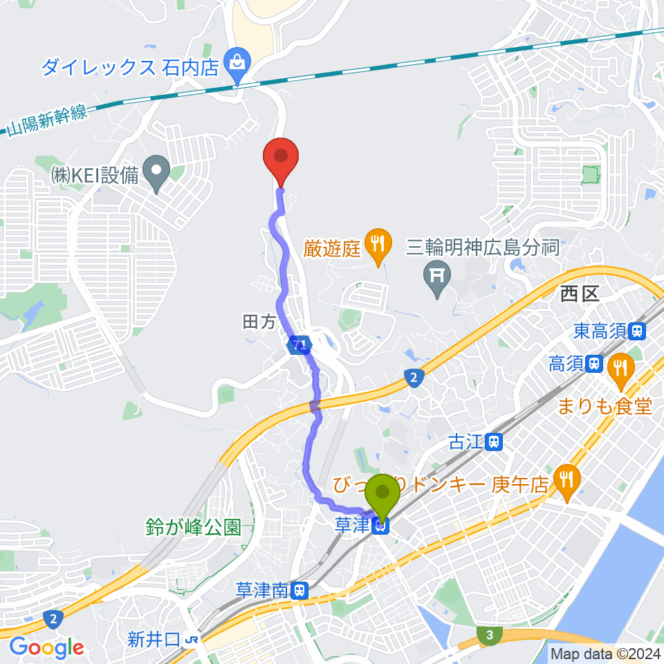 草津駅からクラングぴあの教室へのルートマップ地図