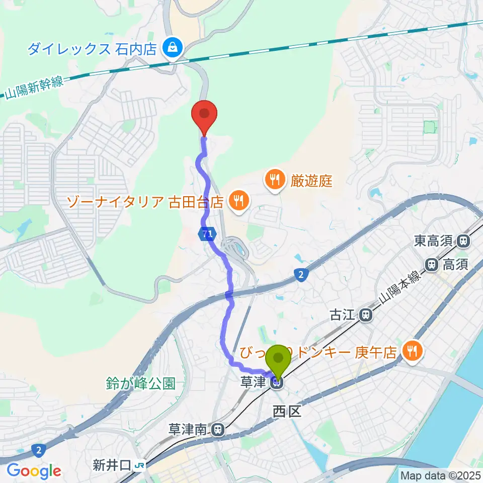 草津駅からクラングぴあの教室へのルートマップ地図